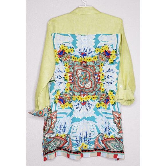 John Mark Tunic Dress Large Linen Blend Long Roll Tab Sleeve Graphic Back NWT - Picture 2 of 6